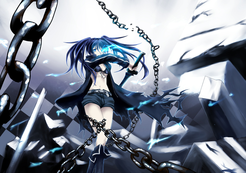absurdres belt bikini_top black_hair black_rock_shooter black_rock_shooter_(character) blue_eyes blue_fire boots chaigidhiell chain checkered checkered_floor fire highres long_hair navel shorts solo stitches sword twintails weapon