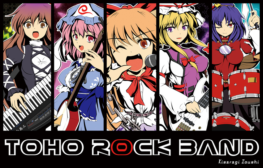 :d bachi bad_id bad_pixiv_id band banned_artist bass_guitar blonde_hair blue_hair bow brown_eyes chain column_lineup drum drum_set drumsticks fang floral_print gradient_hair hair_bow hair_ribbon hairband hat hijiri_byakuren horns ibuki_suika instrument keyboard_(instrument) keytar kisaragi_zwei leaf long_hair microphone mirror multicolored_hair multiple_girls odd_one_out one_eye_closed open_mouth orange_hair pillar pink_eyes pink_hair plectrum purple_eyes purple_hair red_eyes ribbon rope saigyouji_yuyuko shamisen shimenawa shirt short_hair smile strap taut_clothes taut_shirt touhou triangular_headpiece yakumo_yukari yasaka_kanako