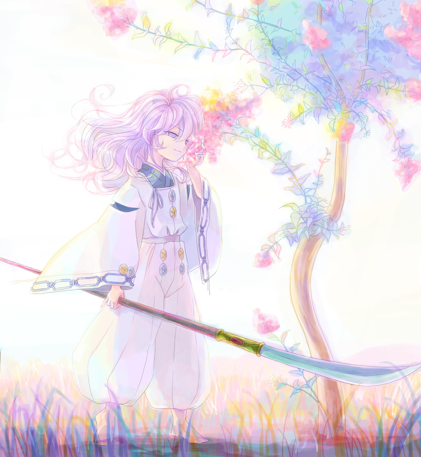 bad_id bad_pixiv_id barefoot empty_eyes flower hakudoushi highres inuyasha japanese_clothes lavender_hair long_hair male_focus oroshigane pale_color purple_eyes solo standing weapon wide_sleeves