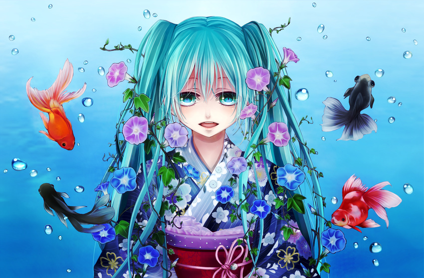 aqua_eyes aqua_hair blacksio bubble fish flower goldfish hair_flower hair_ornament hatsune_miku highres japanese_clothes kimono long_hair morning_glory obi open_mouth sash solo twintails underwater vocaloid