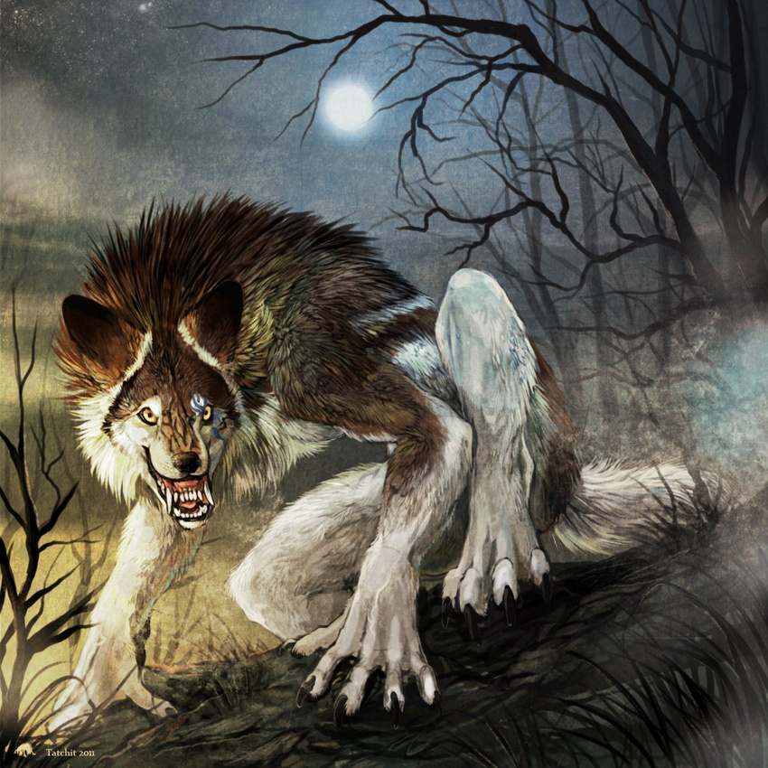 canine claws crouching fangs looking_at_viewer male mammal moon night nude open_mouth outside solo tatchit tattoo were werewolf wolf yellow_eyes