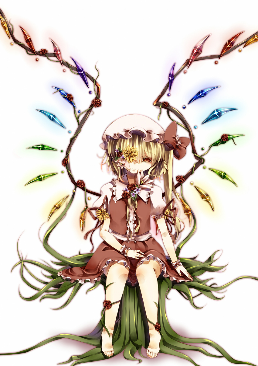 bad_id bad_pixiv_id barefoot blonde_hair bow dress flandre_scarlet flower hat highres plant red_eyes ribbon rose side_ponytail sitting skirt solo tepes thorns touhou vines wings wrist_cuffs