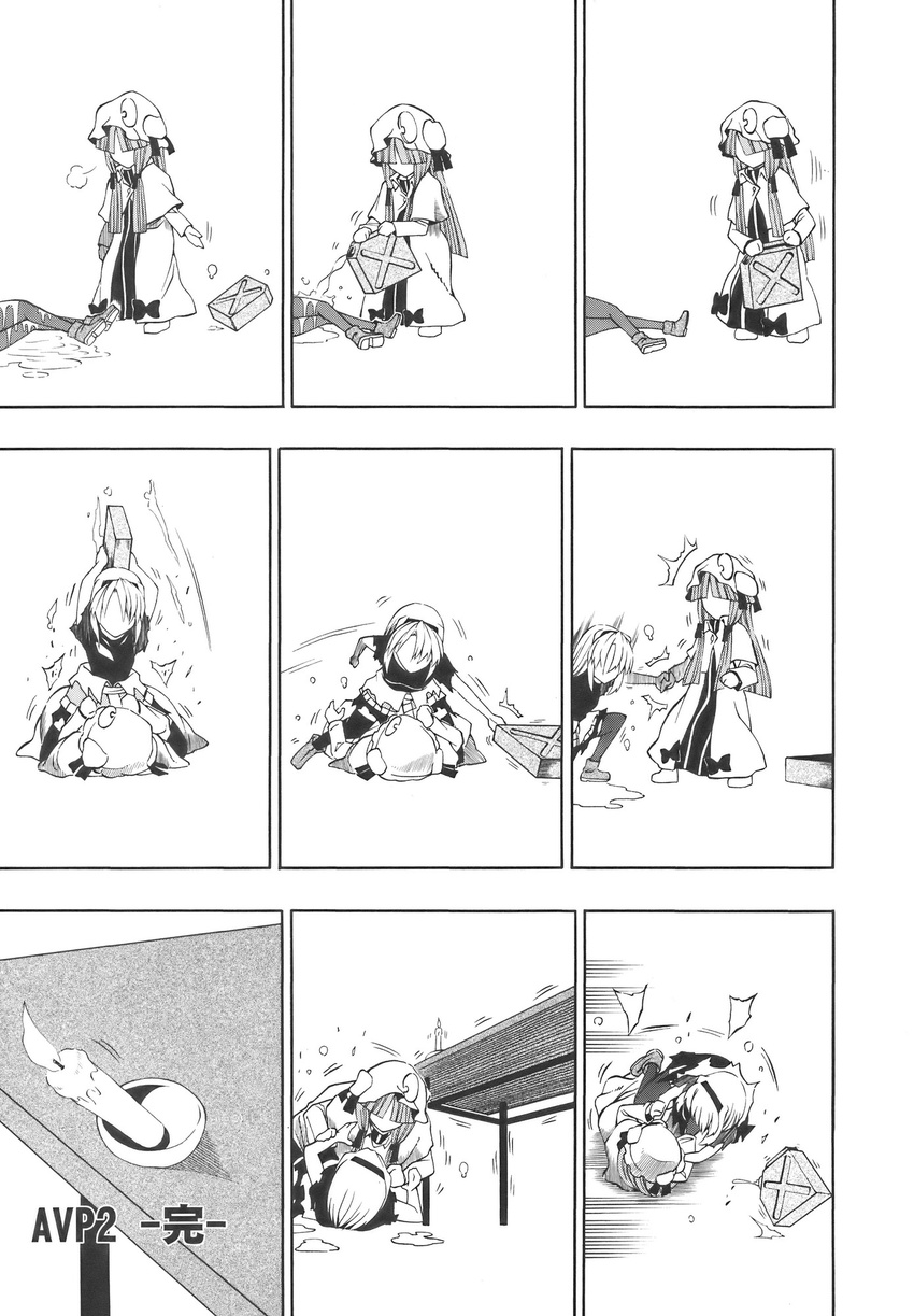 alice_margatroid candle canister comic doujinshi faceless fire flame fuantei gas_can gasoline greyscale hat highres jerry_can long_hair lying monochrome multiple_girls patchouli_knowledge table torn_clothes touhou