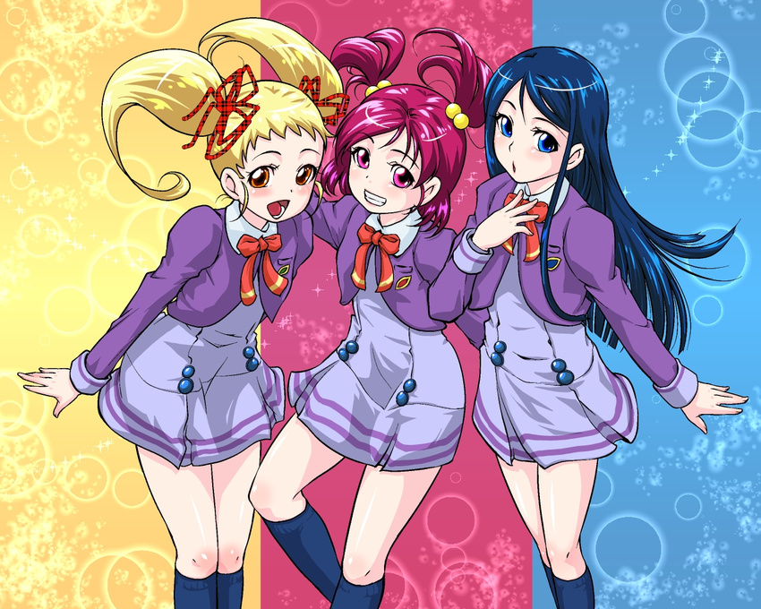 black_legwear blonde_hair blue_eyes blue_hair bow brown_eyes kasugano_urara_(yes!_precure_5) kneehighs l'ecole_des_cinq_lumieres_school_uniform long_hair minazuki_karen multiple_girls pink_eyes pink_hair precure purple_skirt ribbon school_uniform short_hair skirt smile tik_(pixiv) twintails two_side_up yes!_precure_5 yumehara_nozomi