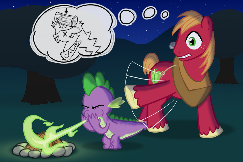 alicorn big_macintosh_(mlp) blonde_hair campfire cutie_mark dragon duo equine female feral fire forest freckles friendship_is_magic green_eyes hair hasbro horn horse lightbulb_(artist) magic male mammal my_little_pony night outside pony princess princess_celestia_(mlp) rocks royalty scalie spike_(mlp) tail thought_bubble tree waving wheat wood