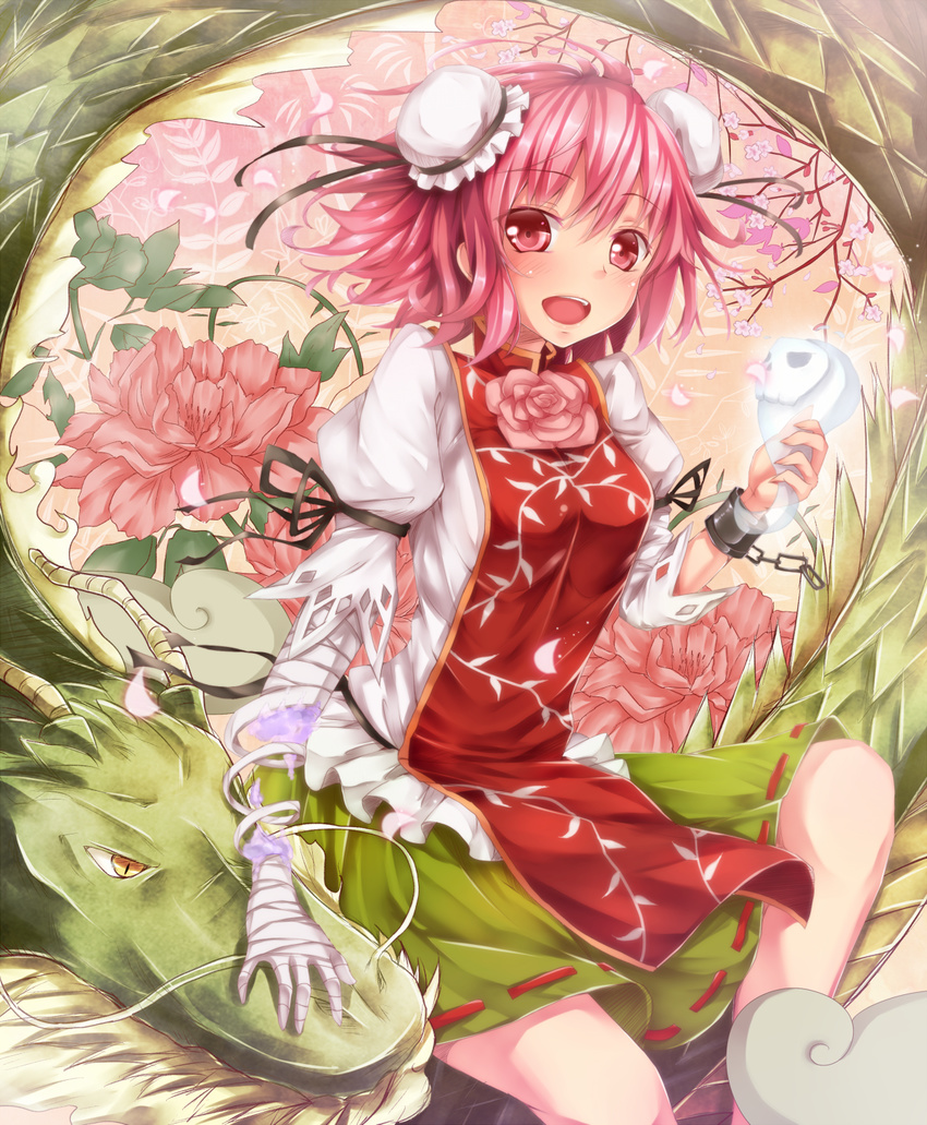 :d amputee bandages blush bun_cover chain cherry_blossoms cuffs dabadhi double_bun dragon eastern_dragon false_arm false_limb flower highres hitodama ibaraki_kasen looking_at_viewer md5_mismatch open_mouth peony_(flower) petals pink_eyes pink_flower pink_hair pink_rose rose shackles short_hair smile solo tabard touhou