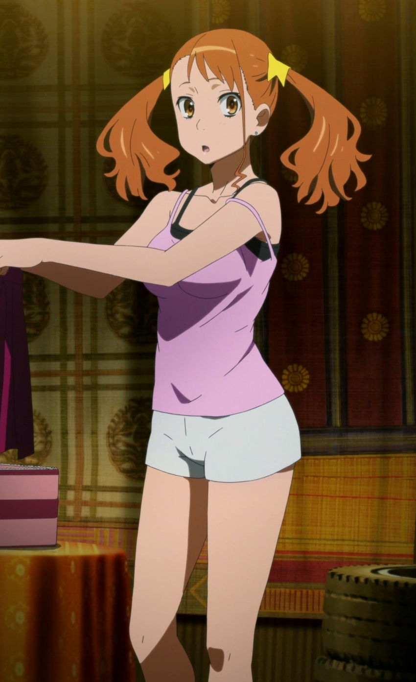 ahoge anjou_naruko ano_hana ano_hi_mita_hana_no_namae_wo_bokutachi_wa_mada_shiranai armlet bare_shoulders brown_eyes brown_hair hairpin knees ladder long_hair pendent red_eyes red_hair shorts sleeveless_shirt tank_top twintails