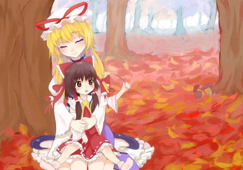 autumn blush closed_eyes dress hakurei_reimu multiple_girls mushroom roteri_(roteri_69) sitting touhou tree yakumo_yukari