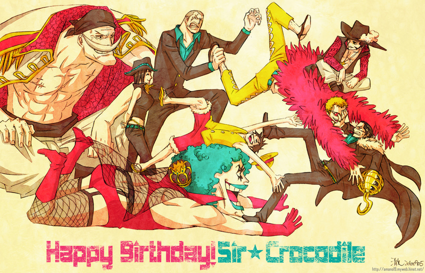 6+boys bandana beard black_hair blonde_hair character_name cigar closed_eyes cowboy cowboy_hat cross crown daz_bones donquixote_doflamingo dracule_mihawk edward_newgate emporio_ivankov facial_hair fishnet_legwear fishnets formal grin happy_birthday hat hook_hand jewelry monkey_d_luffy multiple_boys mustache necklace nico_robin one_piece scar sir_crocodile smile straw_hat suit sunglasses tetsu_(crown19) thighhighs western