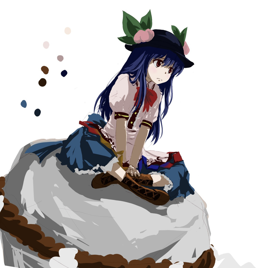 blue_hair boots dress female girl hat highres red_eyes ribbon rock simple_background touhou