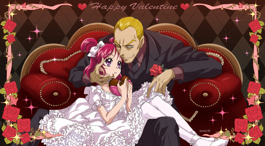 1girl argyle argyle_background blonde_hair brown_background bunbee_(yes!_precure_5) chocolate chocolate_heart couch dress eyelashes flower formal frills gathers hand_on_another's_face happy_valentine heart height_difference maeashi one_eye_closed pantyhose pink_hair precure purple_eyes red_flower red_rose rose shoes short_hair short_twintails sitting sitting_on_lap sitting_on_person smile sparkle suit twintails two_side_up valentine white_legwear yes!_precure_5 yumehara_nozomi