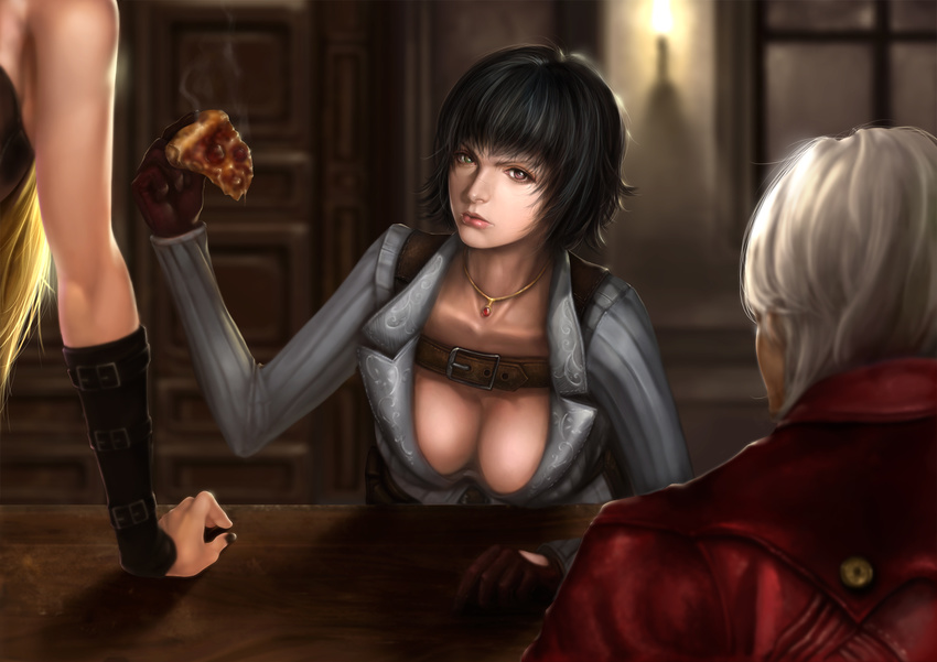 2girls bare_shoulders belt black_hair blonde_hair breasts cleavage dante_(devil_may_cry) devil_may_cry devil_may_cry_4 error food gloves green_eyes heterochromia highres holding_pizza jacket jakuroi jewelry lady_(devil_may_cry) large_breasts multiple_girls necklace pizza red_eyes trish_(devil_may_cry) white_hair