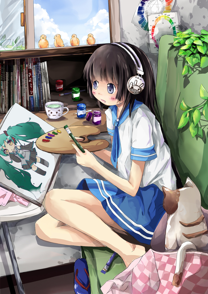 absurdres art_brush bad_anatomy bad_id bad_pixiv_id barefoot bird book cat cup hatsune_miku headphones highres original paintbrush painting plant sakuraba_hikaru_(loveindog) solo vocaloid