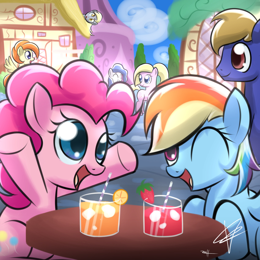 blue_eyes blue_fur cutie_mark derpy_hooves_(mlp) detailed_background drink echowolf800 equine female feral friendship_is_magic fruit fur group hair horse ice ice_cube mammal multi-colored_hair my_little_pony one_eye_closed open_mouth pegasus pink_fur pink_hair pinkie_pie_(mlp) pony purple_eyes rainbow_dash_(mlp) rainbow_hair sitting smile straw strawberry table wings wink