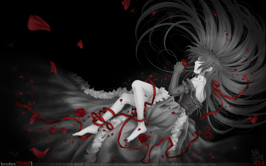 alice_(pandora_hearts) barefoot black dress flowers long_hair pandora_hearts petals polychromatic ribbons watermark