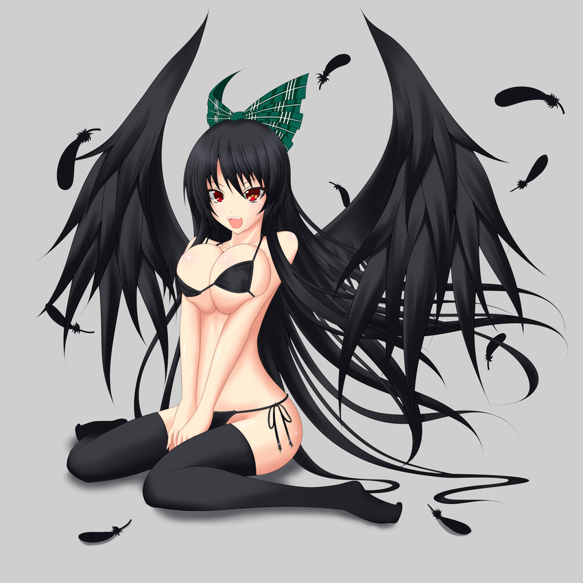 bikini black_hair black_legwear bow breast_squeeze breasts fangs feathers gmot green_bow hair_bow highres large_breasts long_hair open_mouth radiation_symbol red_eyes reiuji_utsuho side-tie_bikini sitting solo swimsuit symbol-shaped_pupils thighhighs touhou v_arms wariza wings