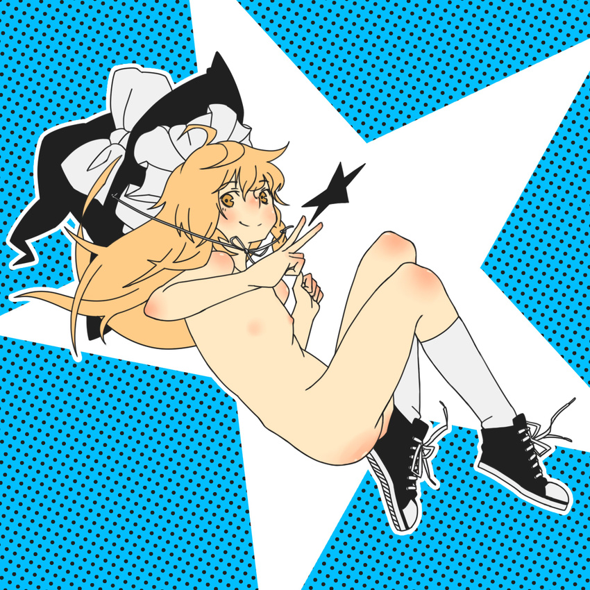 ahoge flat_chest hat highres kirisame_marisa nipples nude shoes smile sneakers socks solo touhou uewtsol v witch_hat