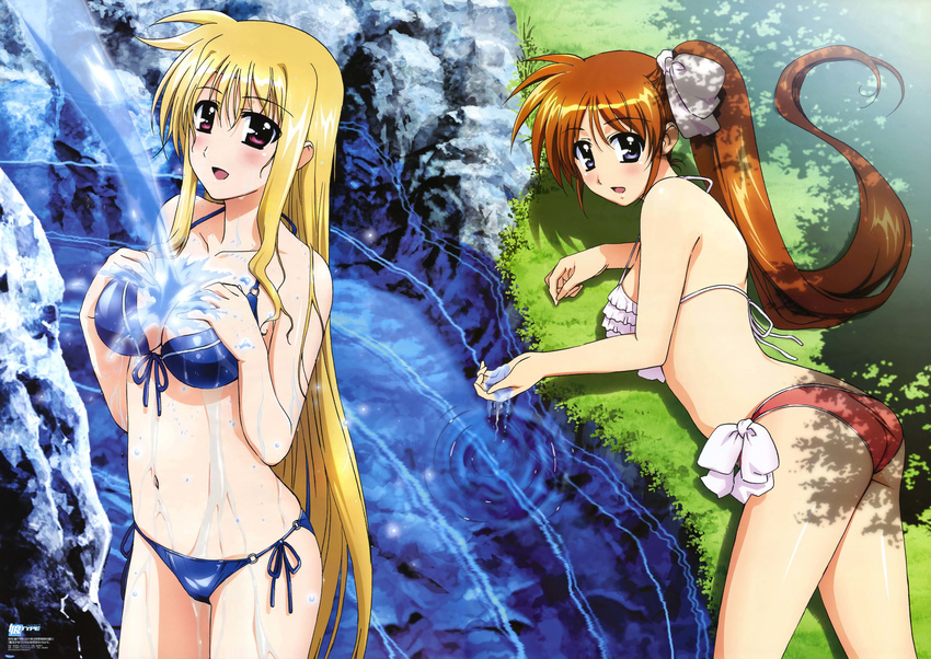 2girls bikini blonde_hair brown_hair fate_testarossa long_hair mahou_shoujo_lyrical_nanoha mahou_shoujo_lyrical_nanoha_strikers okuda_yasuhiro swimsuit takamachi_nanoha