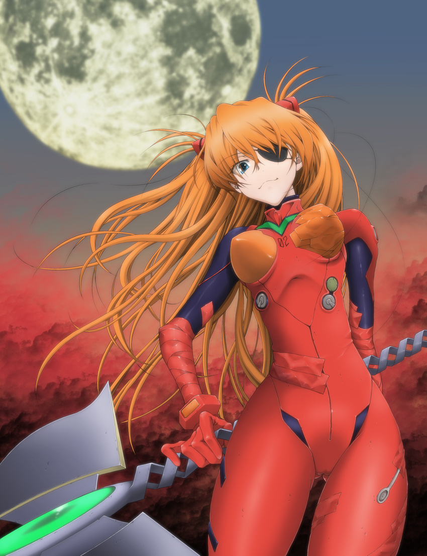 arm_behind_back ass_visible_through_thighs bangs blue_eyes bodysuit bracer breasts breasts_apart cameltoe cowboy_shot evangelion:_3.0_you_can_(not)_redo eyepatch eyes_visible_through_hair floating_hair from_below full_moon gem gloves grin hair_between_eyes hair_ornament headgear highres hips holding holding_weapon impossible_bodysuit impossible_clothes leaning light_smile long_hair looking_at_viewer medium_breasts moon neon_genesis_evangelion night night_sky number orange_hair outdoors pilot_suit plugsuit polearm rebuild_of_evangelion shikinami_asuka_langley skin_tight sky slender_waist smile solo souryuu_asuka_langley spear spear_of_cassius standing takaku_nozomu tape thighs turtleneck two_side_up very_long_hair weapon