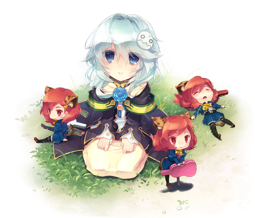 animal_ears bad_id bad_pixiv_id blue_eyes blue_flower blue_rose bow bowtie capelet closed_eyes flower grass guitar_case hair_ornament hairclip hebino_(snake_nest) instrument_case jacket lying minigirl multiple_girls on_back red_eyes red_hair rose seiza short_hair siblings silver_hair simple_background sisters sitting smile standing tail trickster