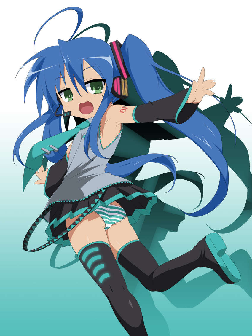 :3 absurdres ahoge armpits blue_hair cosplay detached_sleeves green_hair hatsune_miku hatsune_miku_(cosplay) headphones headset highres izumi_konata kotobuki_hajime lineart long_hair looking_back lucky_star mole necktie open_mouth outstretched_arms outstretched_hand panties pantyshot photoshop smile solo spread_arms standing_on_one_leg stiky_finkaz thighhighs twintails underwear upskirt vector_trace vocaloid