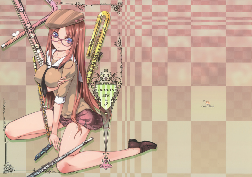 absurdres bare_legs beret between_thighs blue_eyes blush breast_hold breasts brown_hair flute glasses hat highres instrument large_breasts legs long_hair no_socks ooji original pleated_skirt school_uniform serafuku sitting skirt smile solo wallpaper