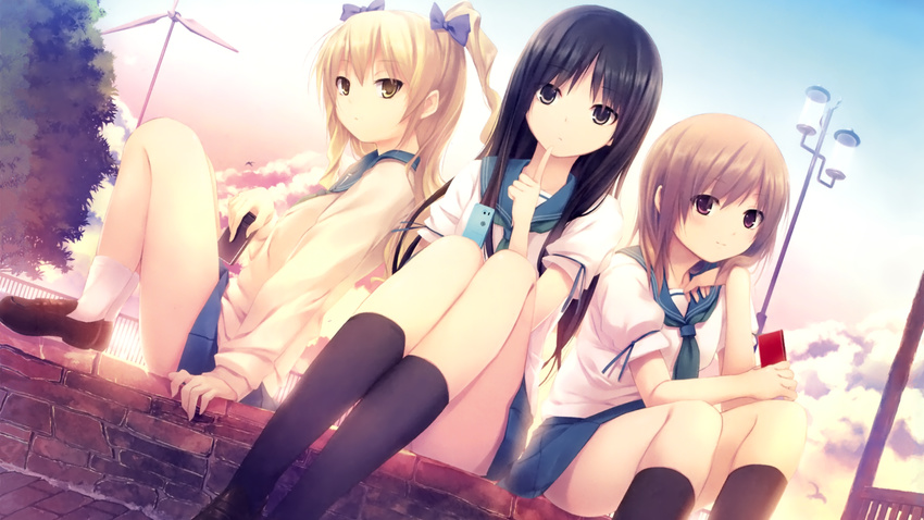 black_eyes black_hair black_legwear blonde_hair bow brown_hair cardigan cellphone coffee-kizoku cure_girl finger_to_mouth hair_bow highres hoshimiya_miyu kneehighs kunimura_kotone long_hair looking_at_viewer multiple_girls nanjou_rena necktie phone purple_eyes shoes sitting skirt socks twintails yellow_eyes