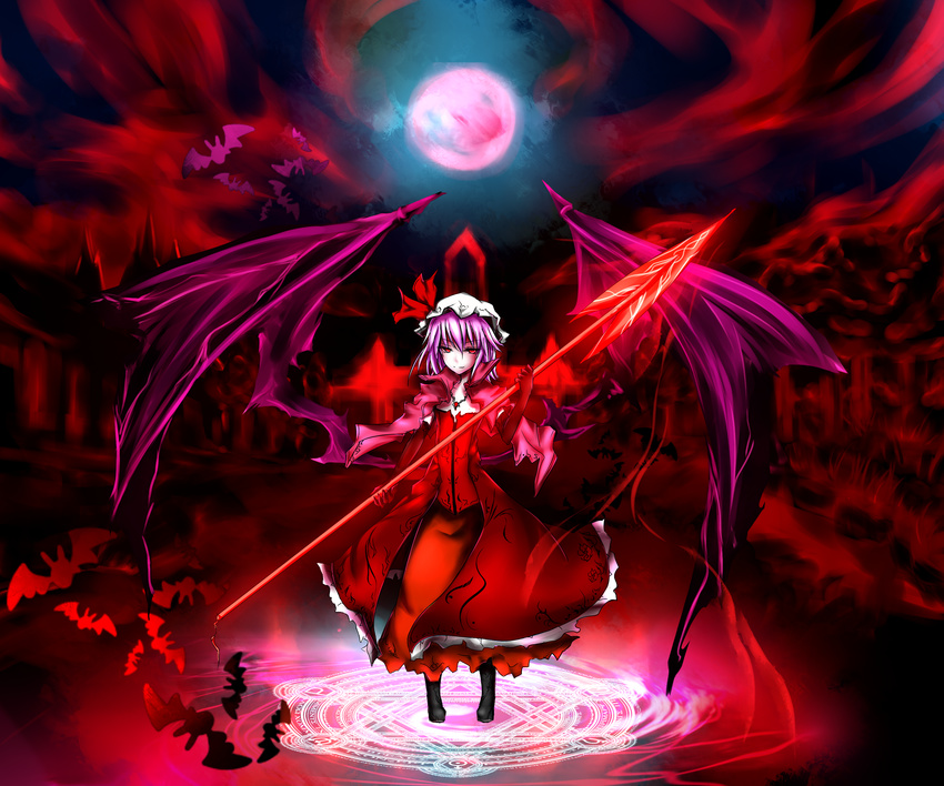 absurdres acryl bat bat_wings capelet dress floral_print forest full_moon hat hat_ribbon highres jewelry magic_circle moon nature necklace night purple_hair red_dress red_eyes remilia_scarlet ribbon scarlet_devil_mansion smile solo spear_the_gungnir too_many too_many_bats touhou wings