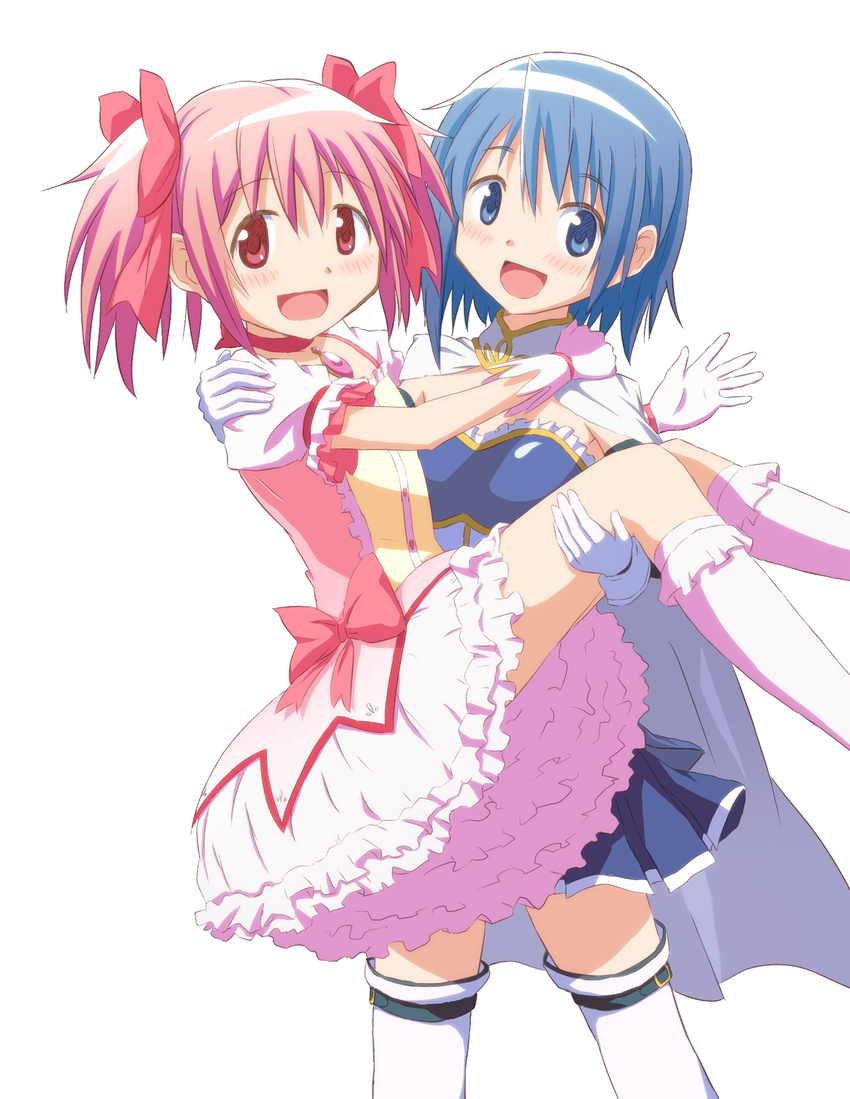 bad_id bad_pixiv_id banned_artist blue_eyes blue_hair bow cape carrying choker gloves gonzaburou hair_bow highres kaname_madoka kneehighs looking_at_viewer magical_girl mahou_shoujo_madoka_magica miki_sayaka multiple_girls official_style pink_eyes pink_hair princess_carry puffy_sleeves short_hair short_twintails simple_background thighhighs twintails white_background white_gloves white_legwear