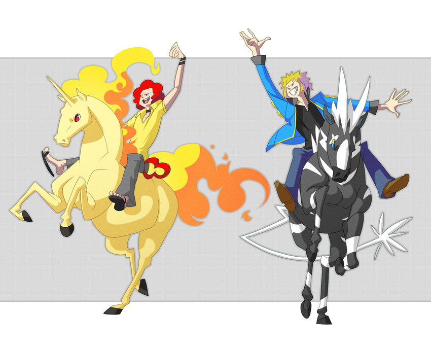 denji_(pokemon) denzi_(pokemon) elite_four gym_leader highres horse ooba_(pokemon) pokemon pokemon_(game) pokemon_diamond_and_pearl pokemon_dppt pokemon_platinum rapidash riding zebra zebstrika