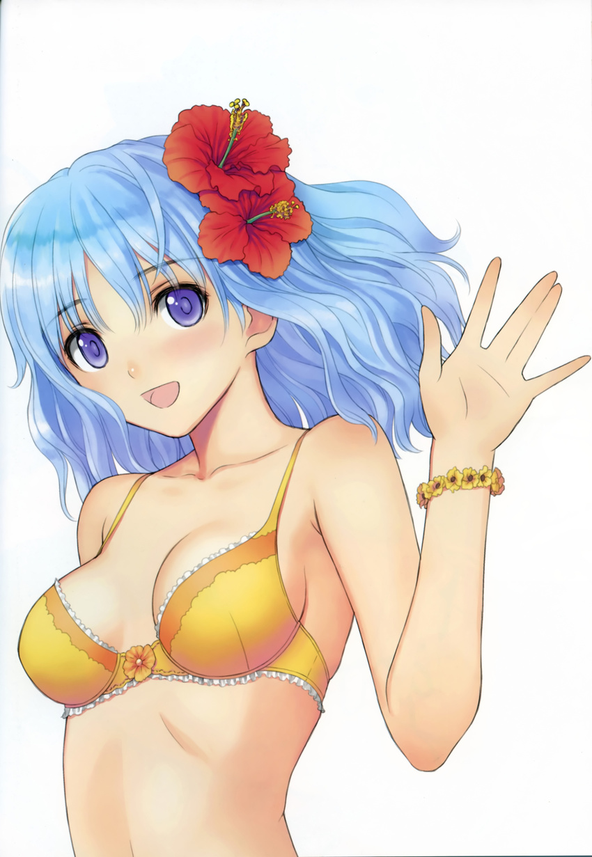:d absurdres bare_shoulders blue_eyes blue_hair bra collarbone copyright_request flower flower_bracelet hair_flower hair_ornament hibiscus highres lingerie long_hair looking_at_viewer open_mouth scan scan_artifacts simple_background smile solo tanaka_takayuki underwear waving white_background yellow_bra