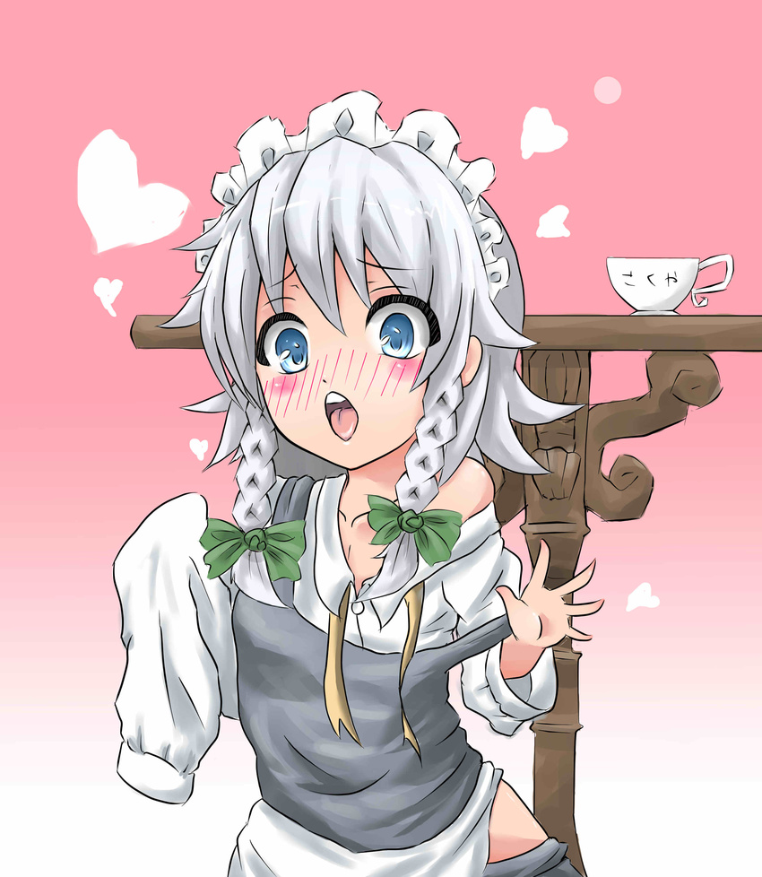 absurdres age_regression bad_id bad_pixiv_id blue_eyes blush braid highres izayoi_sakuya maid maid_headdress motida oversized_clothes oversized_shirt shirt silver_hair solo touhou younger