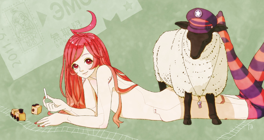 ahoge chalk flat_chest hat highres miki nude red_eyes red_hair robot_joints sf-a2_miki sheep smile thighhighs vocaloid whistle