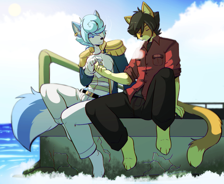 anthro canine cigarette clothed clothing duo feline hair male mammal munks_(artist) outside sitting smile smoke