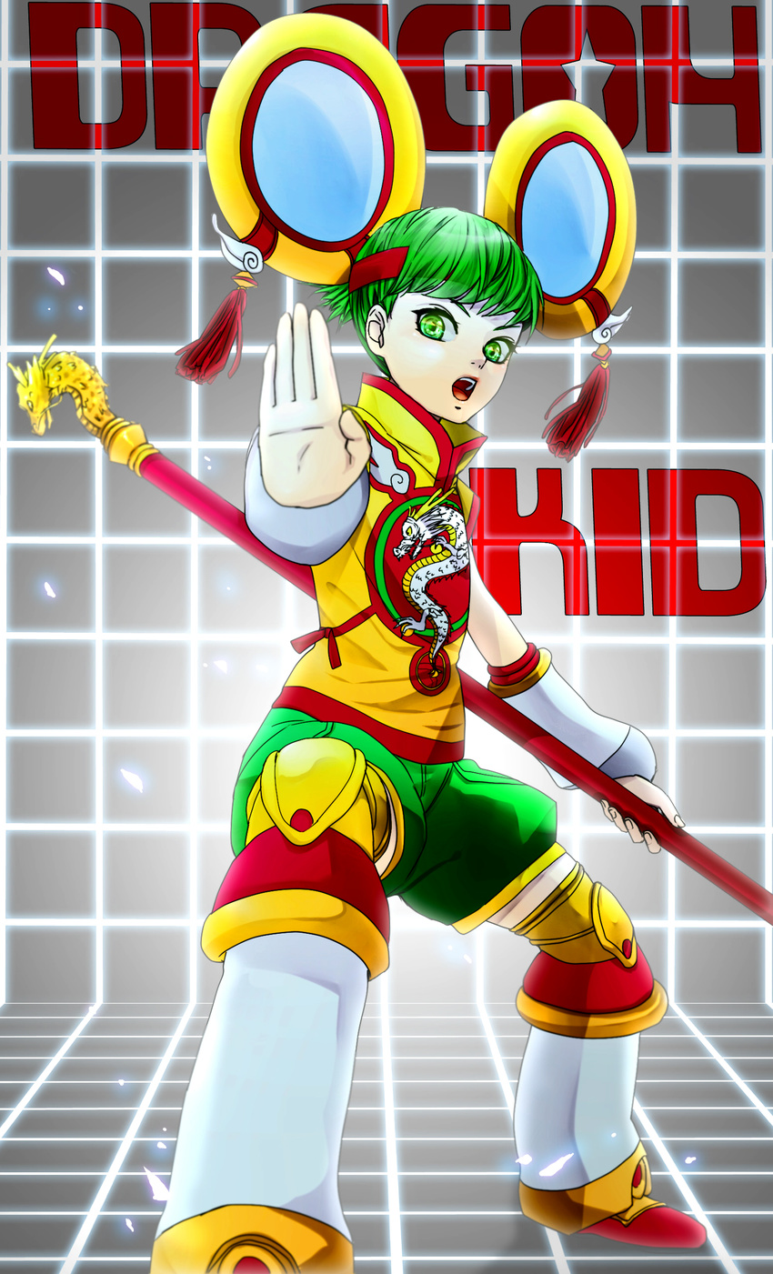 absurdres borscht518 chinese_clothes detached_sleeves dragon_kid fighting_stance green_eyes green_hair hat highres open_mouth short_hair shorts solo staff superhero thighhighs tiger_&amp;_bunny