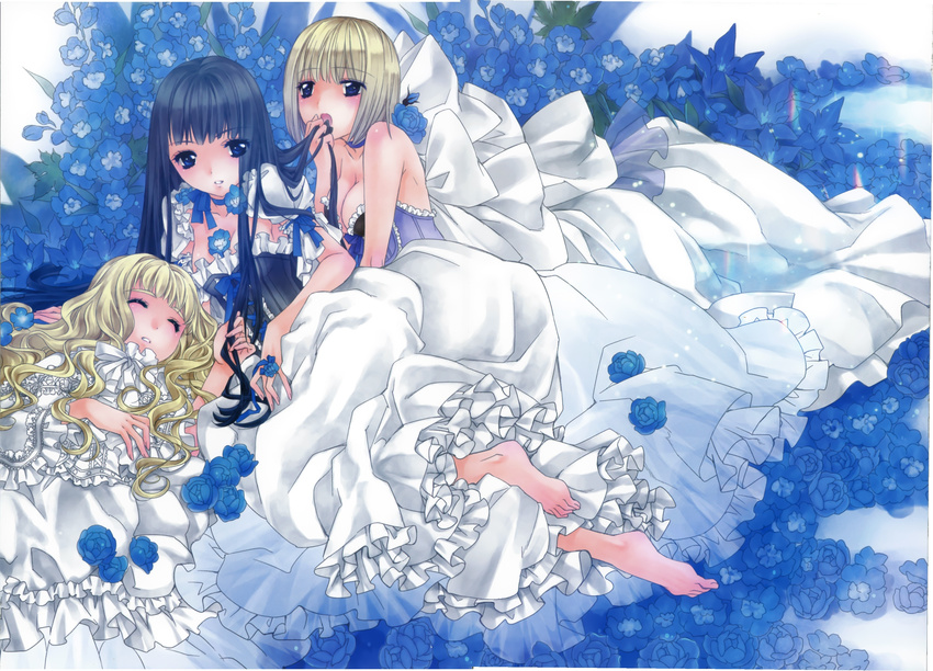 absurdres barefoot black_hair blonde_hair blue_eyes breasts choker cleavage closed_eyes dress flower frills highres long_hair medium_breasts multiple_girls non-web_source open_mouth original usa_gintarou