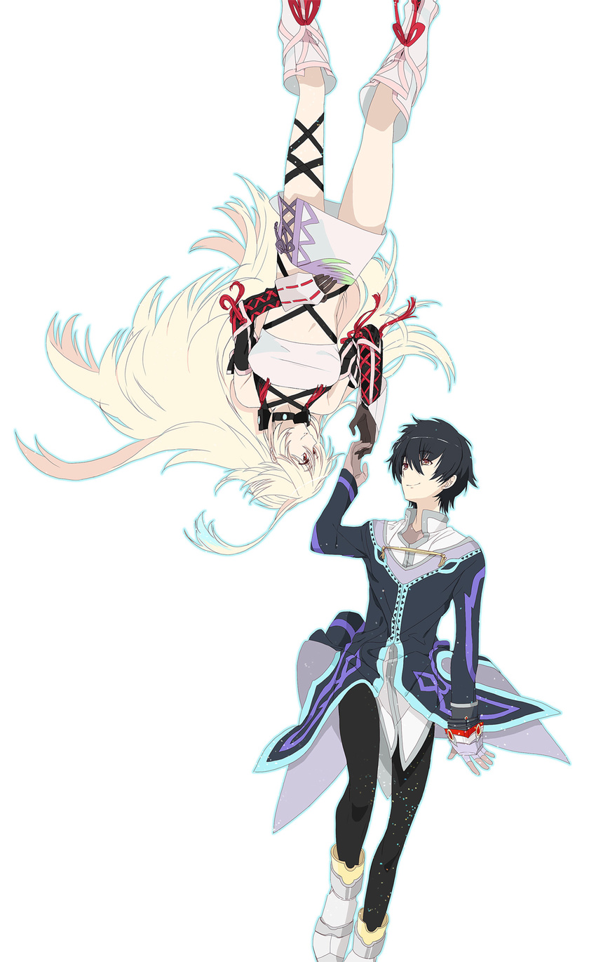 1girl black_hair blonde_hair brown_eyes detached_sleeves green_hair highres jude_mathis long_hair midriff milla_maxwell multicolored_hair oka_(a.m.) red_eyes simple_background skirt strapless tales_of_(series) tales_of_xillia tubetop two-tone_hair upside-down white_background