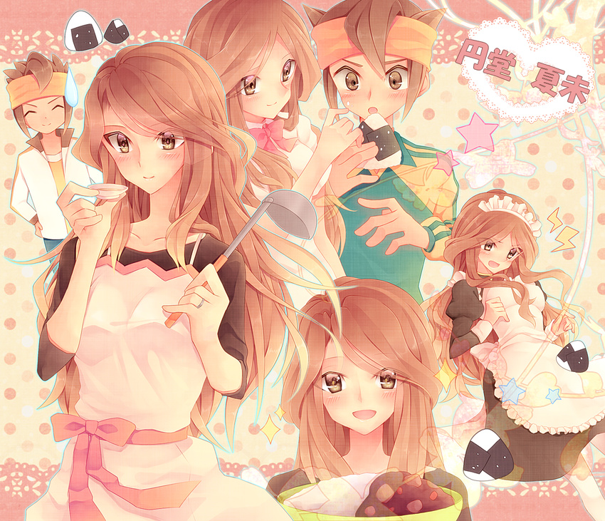 1girl apron blush brown_eyes brown_hair couple curry endou_mamoru food hetero inazuma_eleven inazuma_eleven_(series) inazuma_eleven_go ladle long_hair maid maid_headdress onigiri open_mouth ponta_(aoi) raimon_natsumi short_hair smile