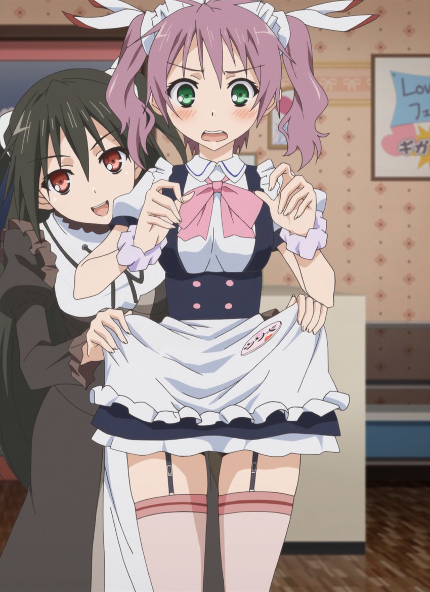 2girls blush cap garter_belt highres maid mayo_chiki! multiple_girls screencap skirt skirt_lift suzutsuki_kanade usami_masamune