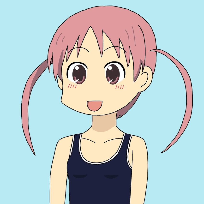 :d bare_shoulders highres nichijou open_mouth red_eyes red_hair simple_background smile solo swimsuit tachibana_mihoshi twintails