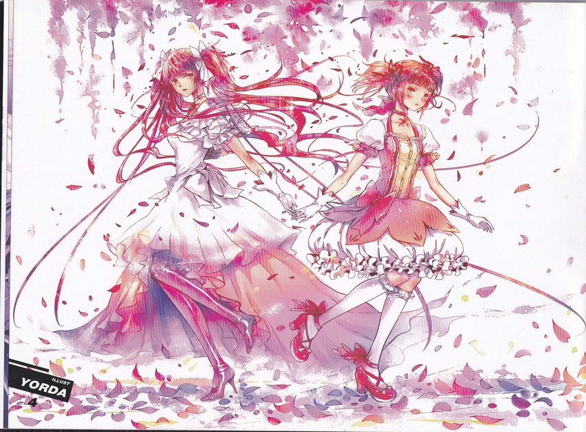absurdres boots dual_persona gloves high_heels highres kaname_madoka knee_boots long_hair magical_girl mahou_shoujo_madoka_magica mary_janes multiple_girls pink_footwear pink_hair ribbon shoes thigh_boots thighhighs twintails ultimate_madoka very_long_hair