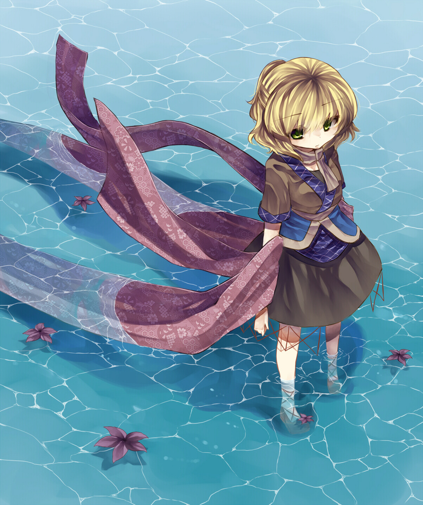 bad_id bad_pixiv_id blonde_hair dress flower green_eyes highres lotus mizuhashi_parsee ponytail scarf short_hair solo tepes touhou wading water