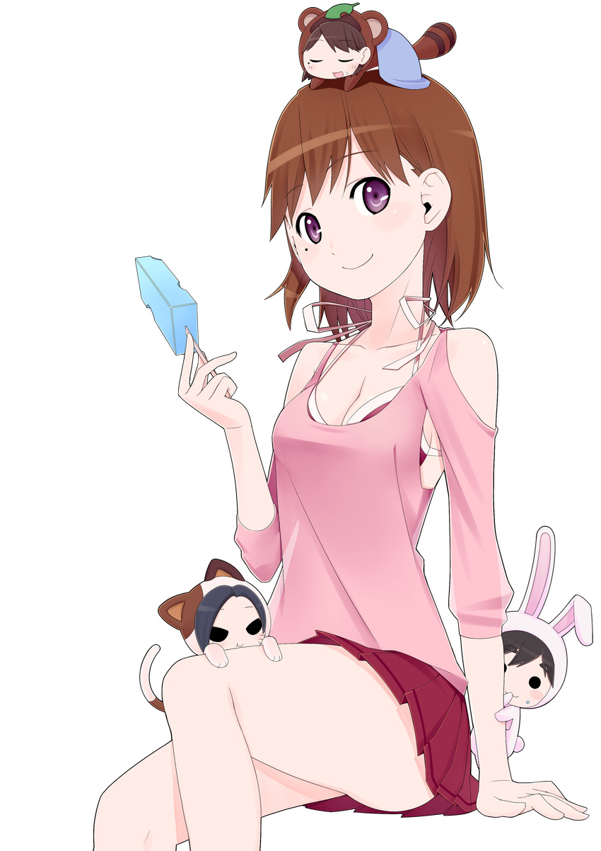 absurdres anegasaki_nene animal_costume breasts brown_hair casual chibi cleavage food highres kobayakawa_rinko kugatsu_takaaki love_plus medium_breasts mole mole_under_eye multiple_girls popsicle short_hair takane_manaka transparent_background