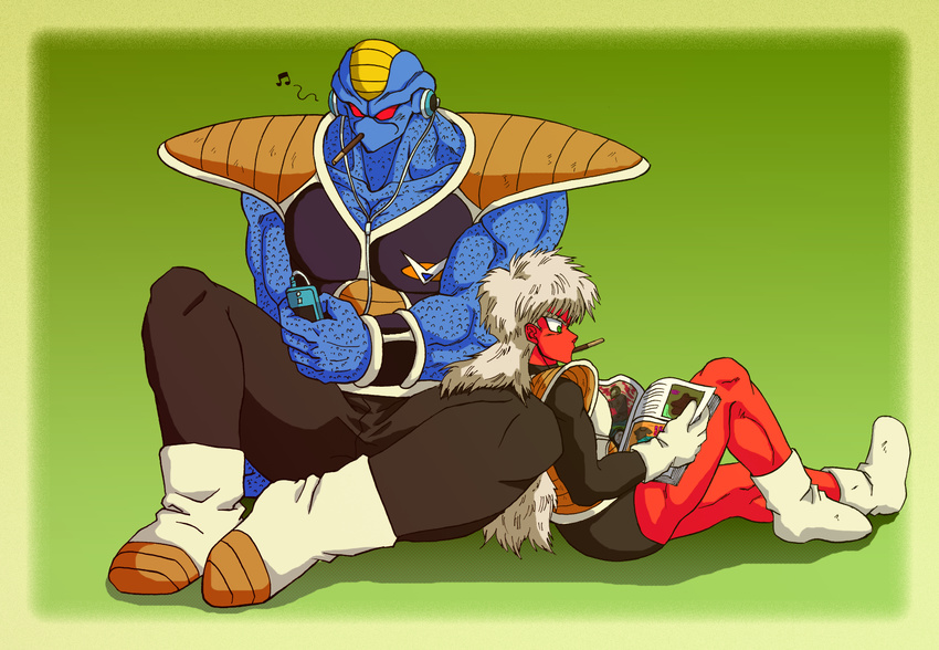 armor bad_id bad_pixiv_id blue_skin boots burter collarbone dragon_ball dragon_ball_z food food_in_mouth ginyu_force gloves green_eyes headphones highres jeice long_hair magazine male_focus mouth_hold multiple_boys muscle musical_note pocky red_eyes red_skin shinomiya_akino white_hair wristband