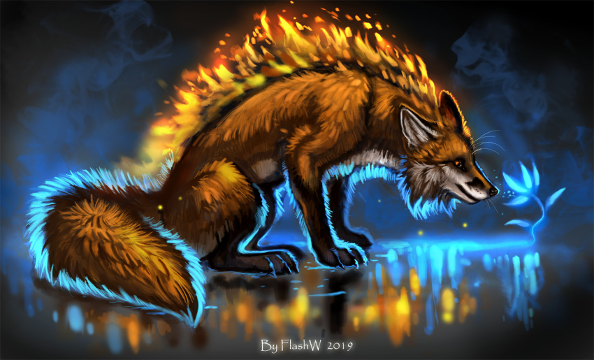 2019 ambiguous_gender black_nose canine feral fire flashw flower fox fur mammal orange_eyes orange_fur paws plant sitting solo