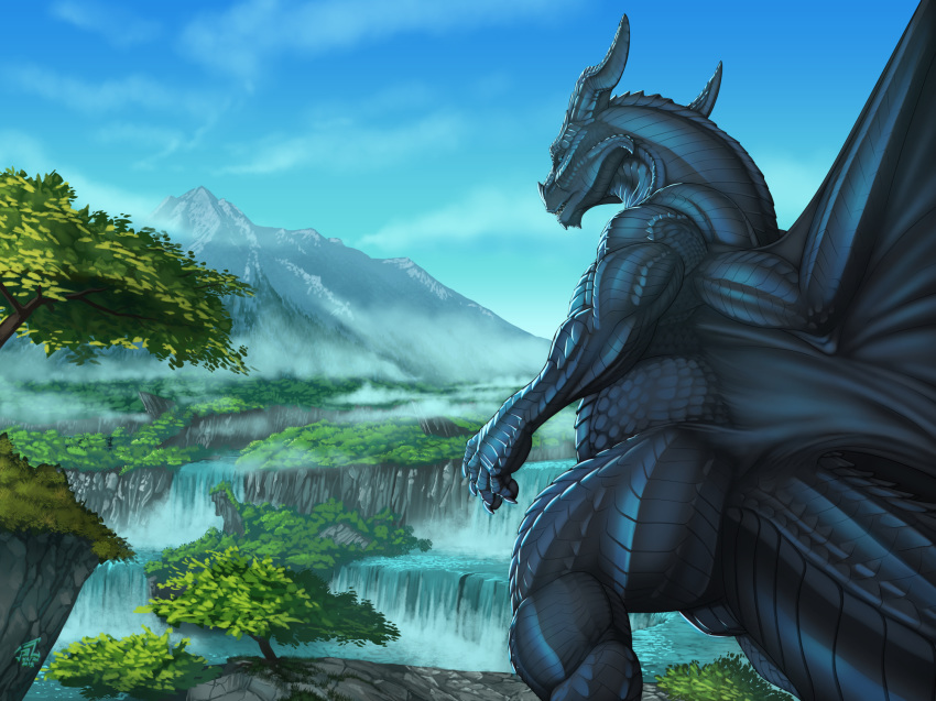 2019 black_scales claws day detailed_background digital_media_(artwork) dragon feral horn jackrow membranous_wings outside scales sky solo standing waterfall wings