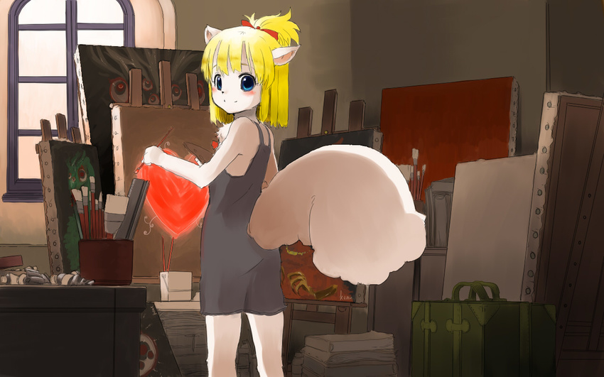 &hearts; anthro artist blonde_hair blue_eyes blush canine canvas clothed clothing dress female fox fuyuno hair looking_at_viewer mammal paintbrush painter painting solo standing window