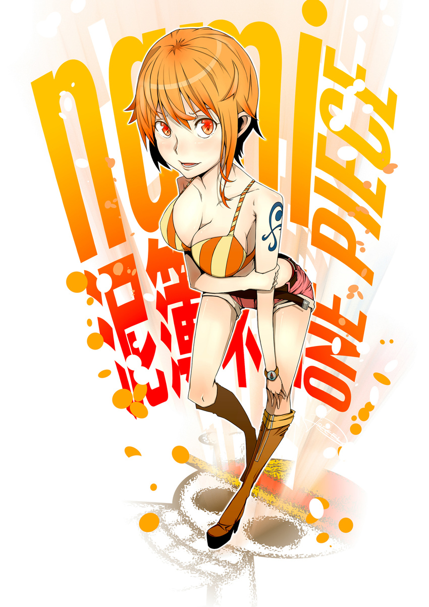1girl belt bikini bikini_top boots bracelet breasts character_name cleavage female firecel foreshortening full_body high_heel_boots high_heels highres jewelry jolly_roger looking_at_viewer matching_hair/eyes midriff nami nami_(one_piece) one_piece orange_eyes orange_hair pirate red_eyes red_shorts shoes short_hair shorts solo standing striped striped_bikini striped_clothing striped_swimsuit striped_swimwear striped_top swimsuit tattoo text
