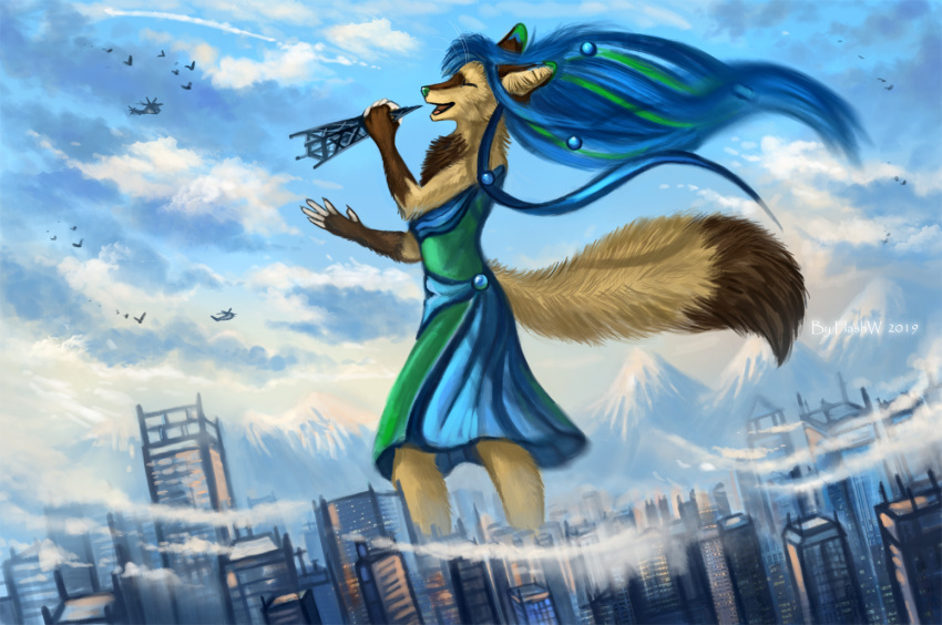 2019 anthro canine city clothed clothing day detailed_background digital_media_(artwork) eyes_closed female flashw fox green_nose macro mammal outside sky smile solo standing