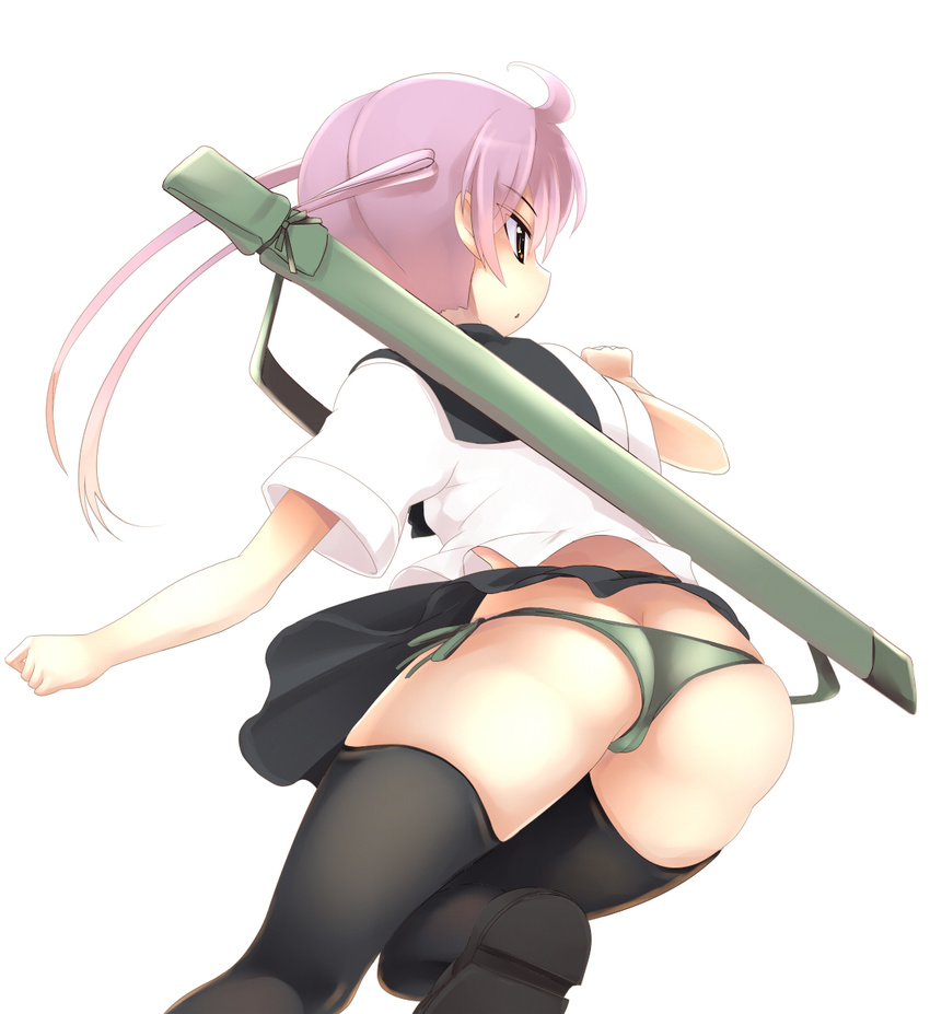 ass black_legwear brown_eyes from_behind green_panties highres leg_lift long_hair nichijou panties pantyshot pink_hair school_uniform side-tie_panties simple_background solo sora_to_umi tachibana_mihoshi tareme thighhighs twintails underwear weapon_bag